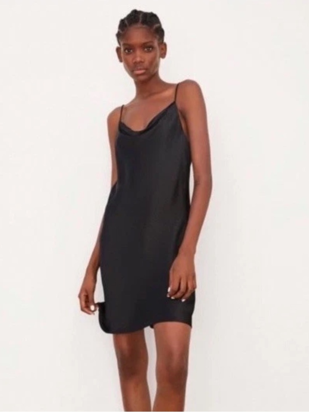 Zara Black Satin Effect Mini Slip Dress Cowl Neckline Spaghetti straps Cami XS